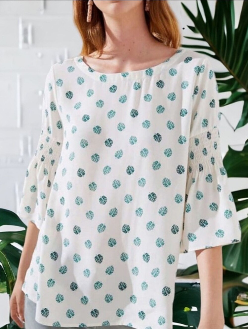 LOFT Cream & Green Palm Leaf Strappy Back Bell Sleeve Blouse - Size L